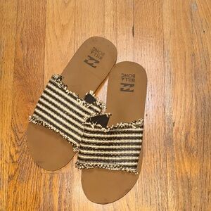Billabong Black & Cream Striped Frayed Slide Sandals